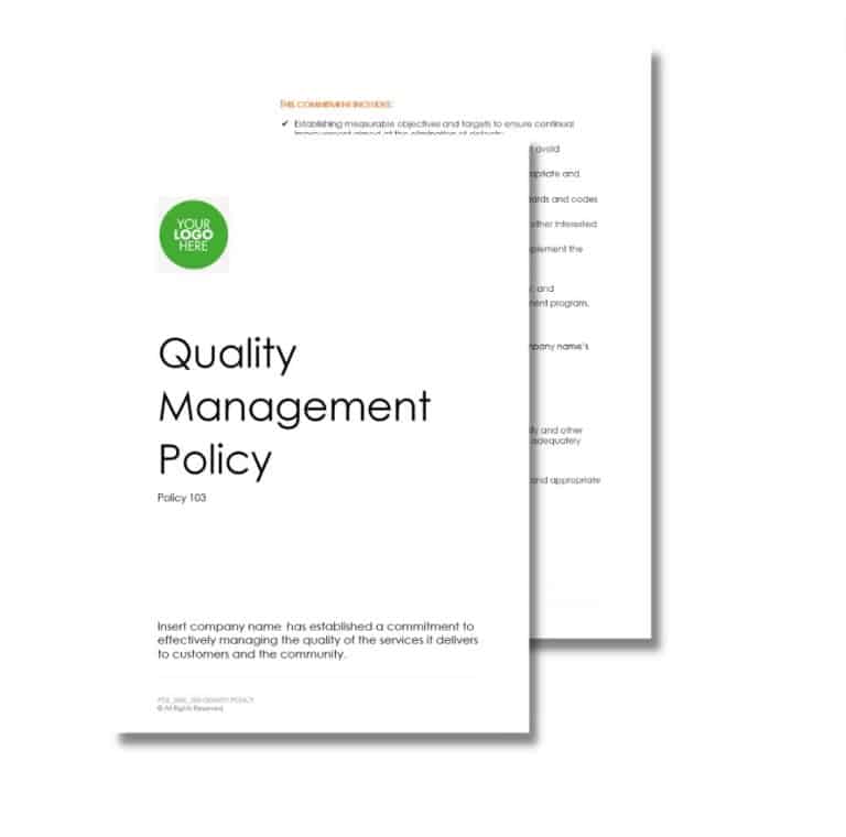 A document titled "Quality Policy 103" displays a green circle at the top left for a company logo. The visible text outlines the company's commitment to quality services.