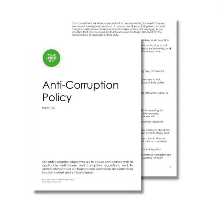 An image showing a document titled "Anti-Corruption Policy 105" with policy details and objectives outlined. The top left corner displays a logo placeholder marked "Your Logo Here.