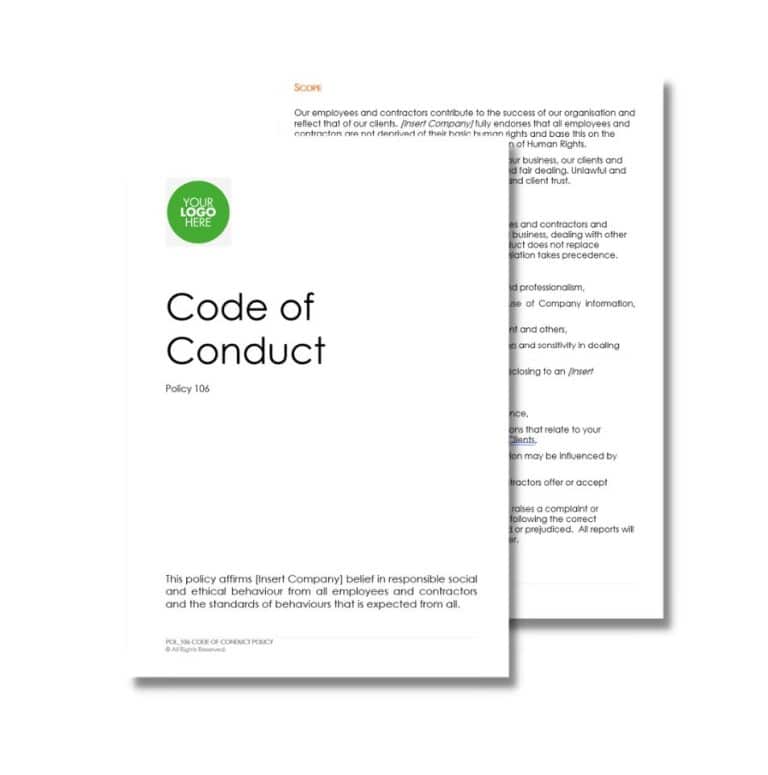 Two overlapping documents, the front titled "Code of Conduct Policy 106" with a placeholder for a logo. The back lists text starting with "Scope.