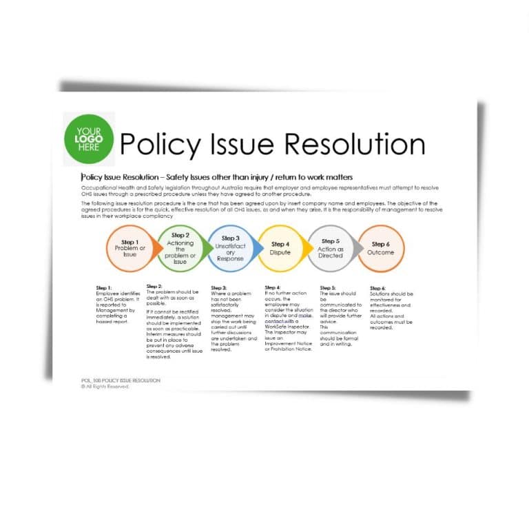 Infographic titled "Policy Issue Resolution 108," detailing a five-step process to address workplace safety issues. The steps include: Awareness, Problem Identification/Action Planning, Decision Making/Resolution, Action as Directed, and Assessment.