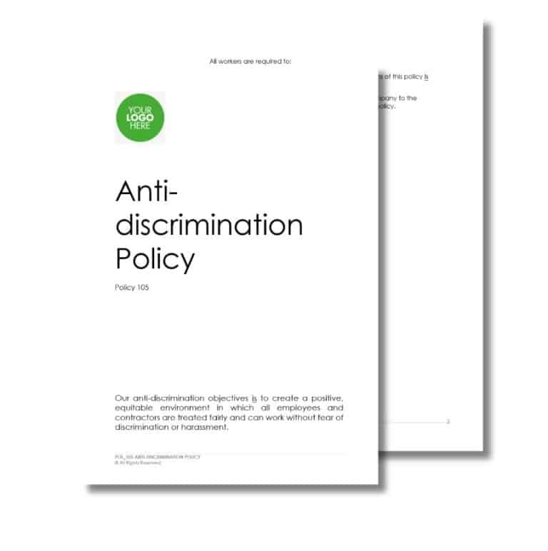 Cover page of an Anti-Discrimination Policy document titled "Anti-Discrimination Policy 109" with a green circular logo placeholder at the top.