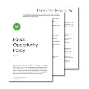 Image showing two overlapping documents. The top document is labeled "Equal Opportunity Policy 110," with a subtitle "Policy 110." The second document's title, partially visible, is "Gender Equality.