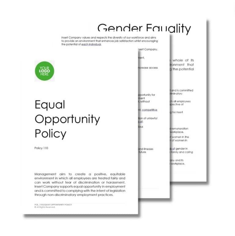 Image showing two overlapping documents. The top document is labeled "Equal Opportunity Policy 110," with a subtitle "Policy 110." The second document's title, partially visible, is "Gender Equality.