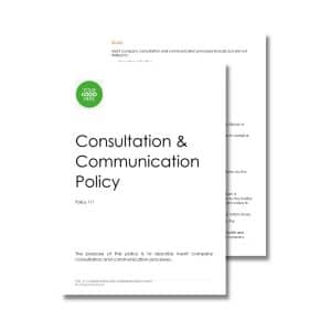 A document titled "Consultation & Communication Policy 111" with a placeholder for a company logo on the cover and text visible on a second page behind it.
