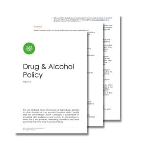Stack of printed documents with a visible cover page titled "Drug and Alcohol Policy 112" and the text "Drug and Alcohol Policy 112" below it. The logo area is marked with "Your Logo Here.