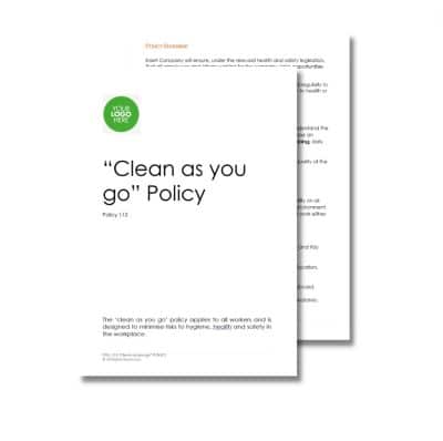 Two overlapping documents, with the front one titled Clean as you go Policy 113, featuring a section marked "Policy Statement." The front document has a placeholder for a logo.