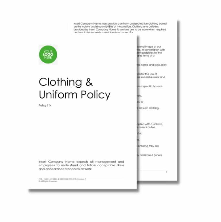 Front page of a "Clothing and Uniform Policy 114" document with a placeholder for company name and logo. Text includes policy number and statement on dress and appearance standards at work.