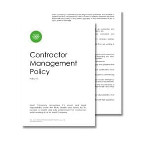 Two overlapping sheets titled "Contractor Management Policy 115" with text outlining a company's policy on ensuring the safety and compliance of subcontractors.