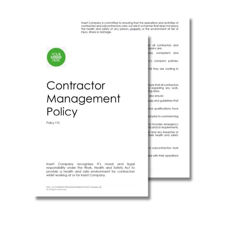 Two overlapping sheets titled "Contractor Management Policy 115" with text outlining a company's policy on ensuring the safety and compliance of subcontractors.