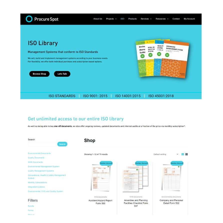 Screenshot of ProcureSpot webpage featuring the latest edition of ISO Library offerings, subscription details, and shop items including templates and forms for download.