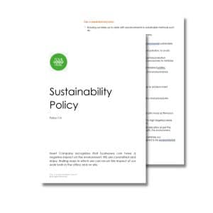 A document titled "Sustainability Policy (Arborist) 116" from "Insert Company" with a logo placeholder, highlighting the company's commitment to reducing environmental impact and following sustainable practices.
