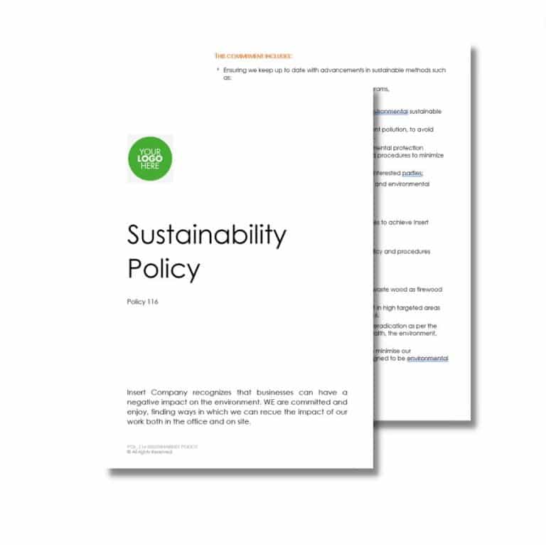 A document titled "Sustainability Policy (Arborist) 116" from "Insert Company" with a logo placeholder, highlighting the company's commitment to reducing environmental impact and following sustainable practices.
