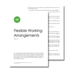There are two overlapping documents titled "Flexible Working Arrangements." The front document outlines Flexible working arrangements policy 118, detailing a policy related to the Equal Opportunity Act, including considerations for flexible working conditions.