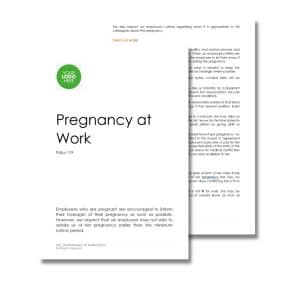 Two documents titled "Pregnancy at work policy 119" outline crucial guidelines and recommendations for employees who are pregnant, detailing their responsibilities and rights.