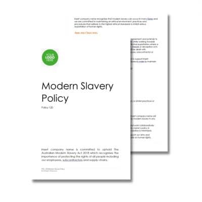 Two overlapping documents titled "Modern Slavery Policy 120" with placeholder text for company logo and policy content. The documents outline aims, objectives, and commitments under the Australian Modern Slavery Act 2018.