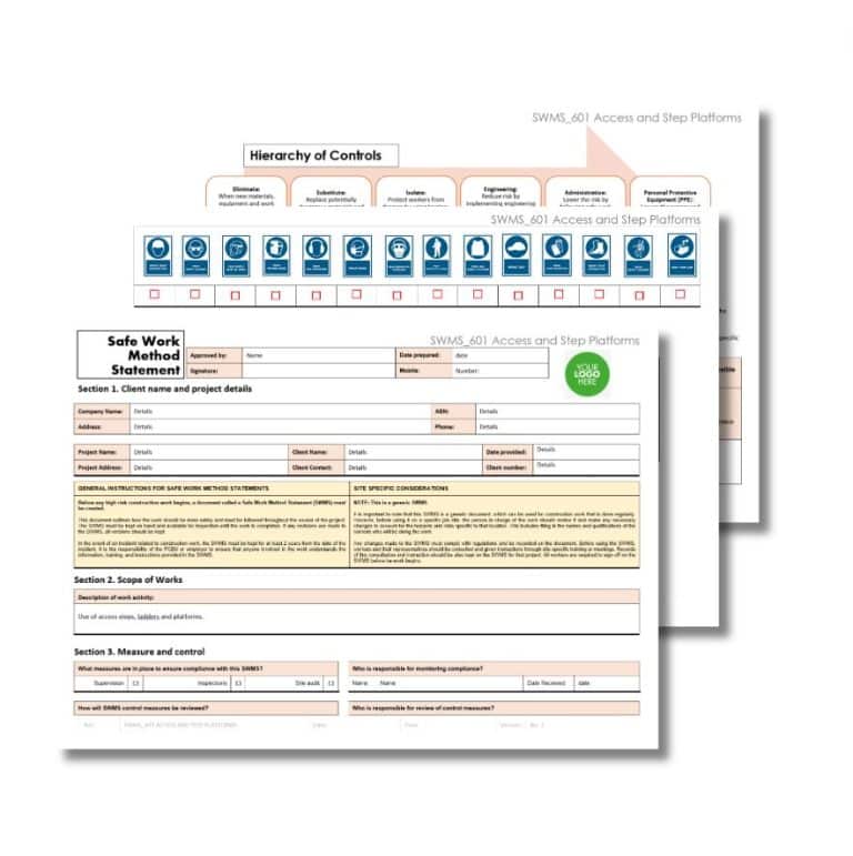 Image showing an Access and Step Platform SWMS 601 document on top of another page titled "Hierarchy of Controls." The documents include sections for client details, scope of works, and measures and controls for tasks like using an Access and Step Platform.