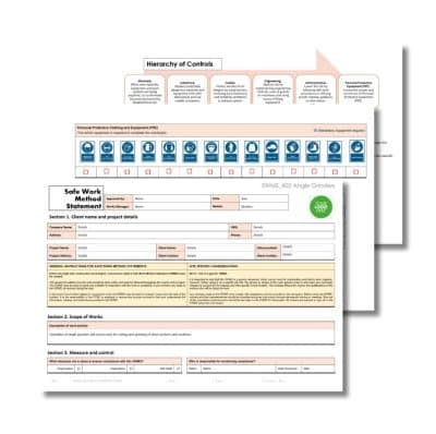 An image of safety documentation including a hierarchy of controls chart and a Safe Work Method Statement form for **Angle Grinders SWMS 602**, with various sections and icons illustrating personal protective equipment.