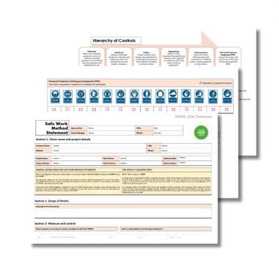 A layered document featuring a hierarchy of controls chart and a detailed Chainsaw SWMS 604. The Chainsaw SWMS 604 includes sections for project details, scope of work, and control measures.