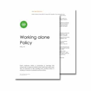 A document titled "Working Alone Policy 121" with company logo, policy details, aims, and objectives. The document focuses on health and safety measures for employees working alone or in remote locations.