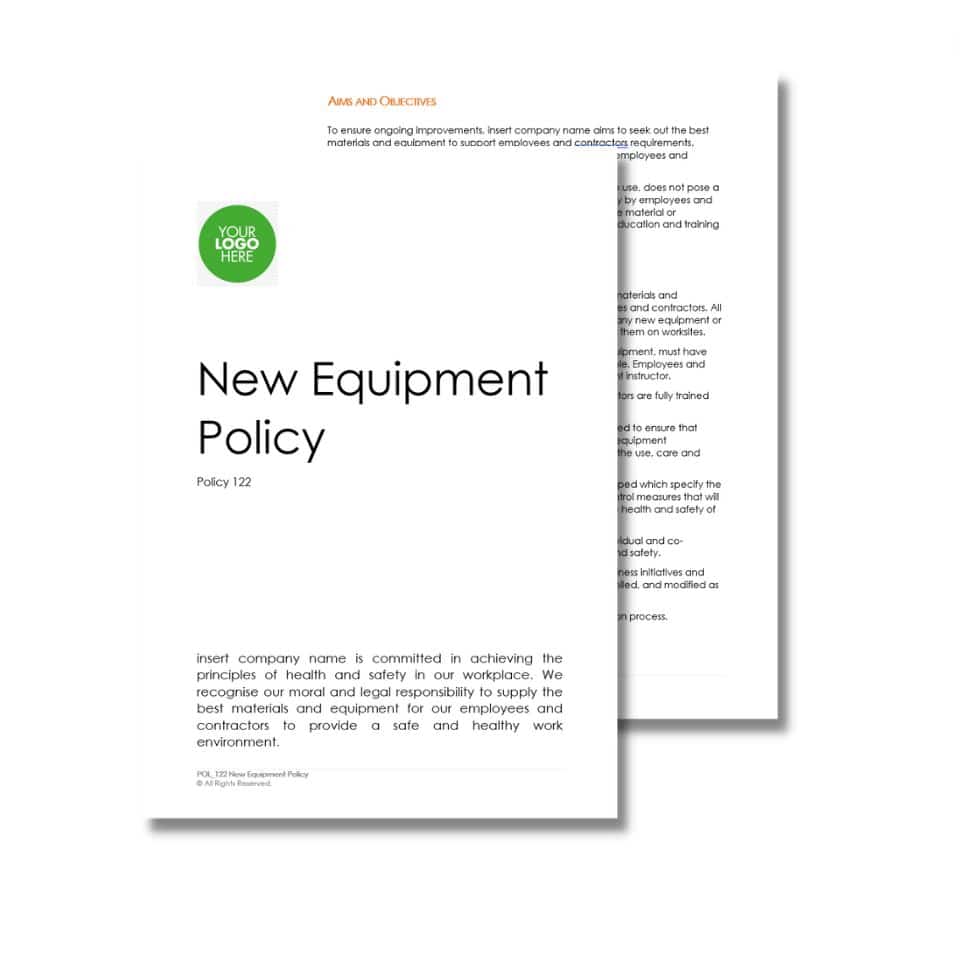 Two-page document titled New Equipment Policy 122 with text outlining aims, objectives, and a commitment to health and safety in the workplace. Logo placeholder at the top left.