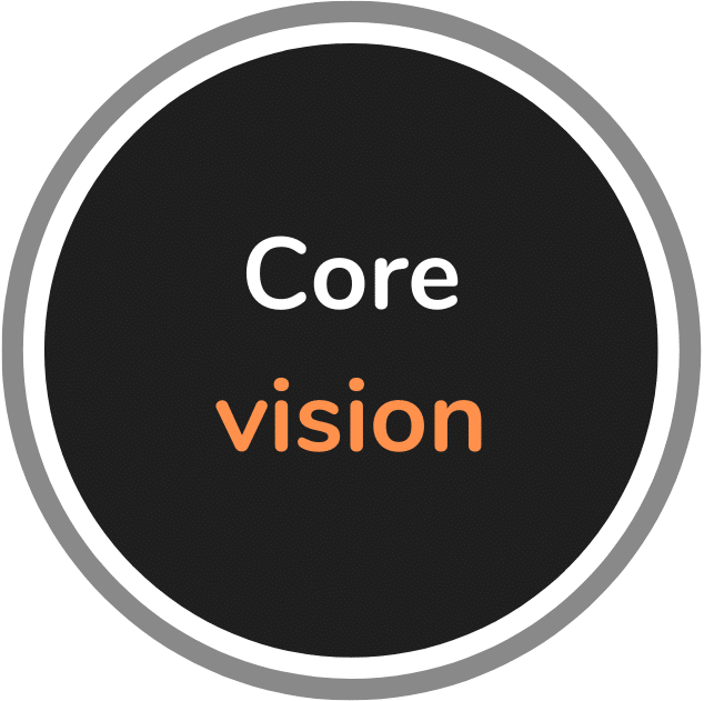 A black circle with a gray outer ring contains the words "Core vision." The word "Core" is in white, and the word "vision" is in orange. Integrated with ScaleTrac, this logo represents our commitment to precision and advanced SEO techniques.