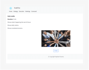 Screenshot of a ScaleTrac webpage showing a team huddle agenda, with a photo of a diverse group of people putting their hands together in the center. A "Finish" button is below the image.