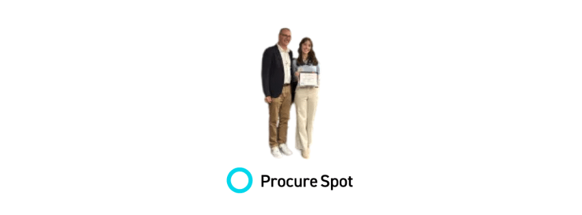 Two student entrepreneurs stand side by side; one proudly holds a certificate. Below them, the text reads "Procure Spot.