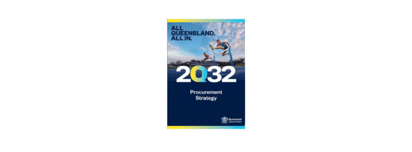 Cover image of the "2032 Procurement Strategy" by Queensland Government featuring student entrepreneurs alongside two divers mid-air against a blue sky. Text reads "All Queensland. All in.