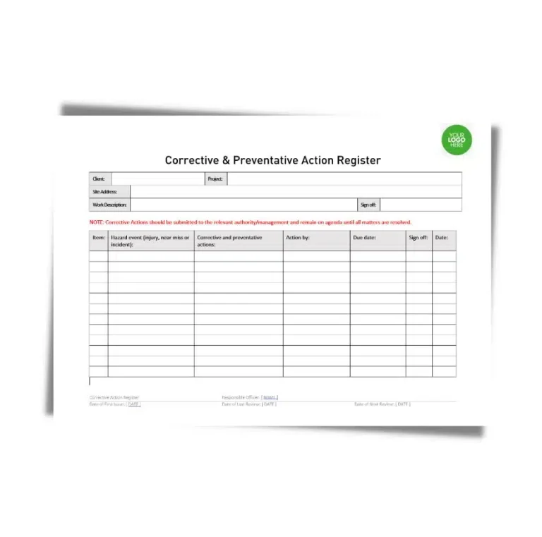 Corrective and Preventative Action Form 404 document preview