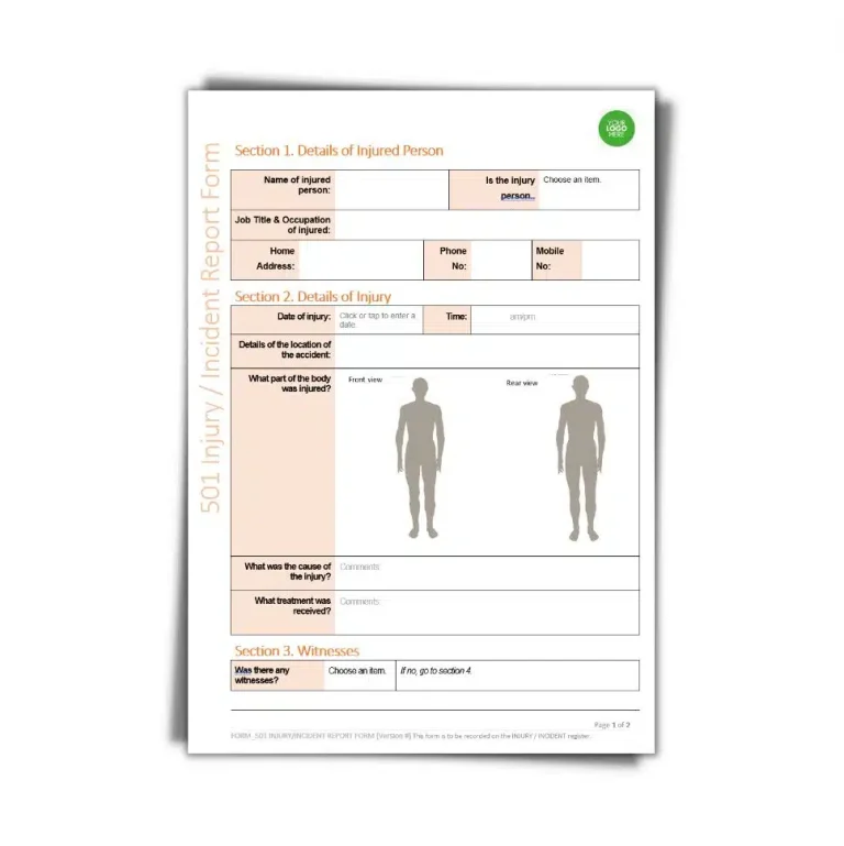 Injury/Incident Report Form 501 document preview