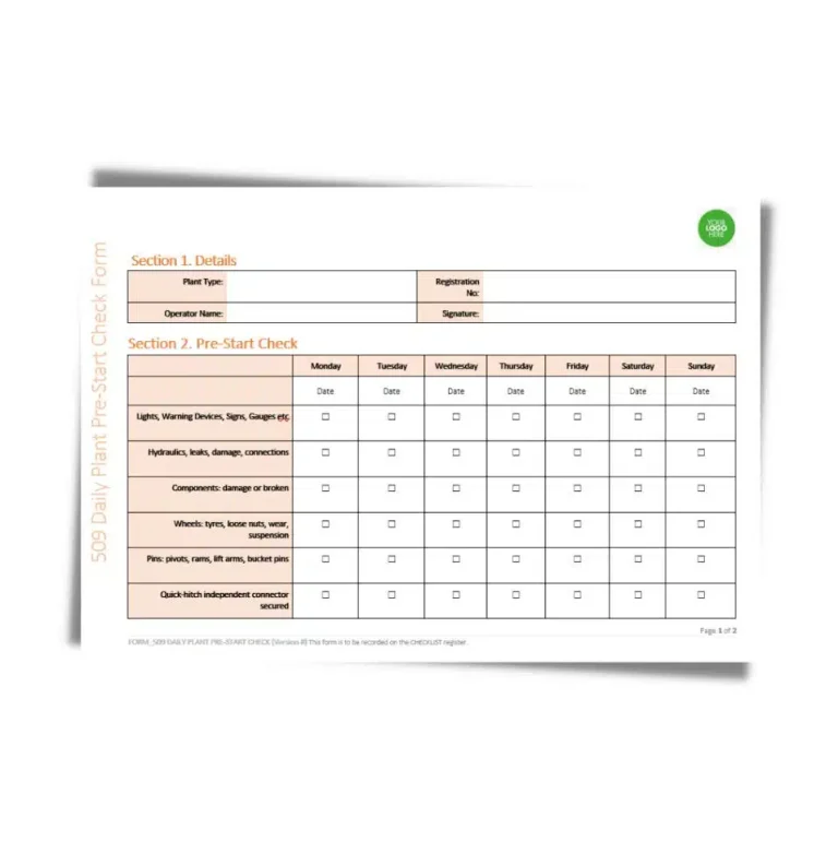 Daily Plant Pre-Start Checklist Form 509 document preview