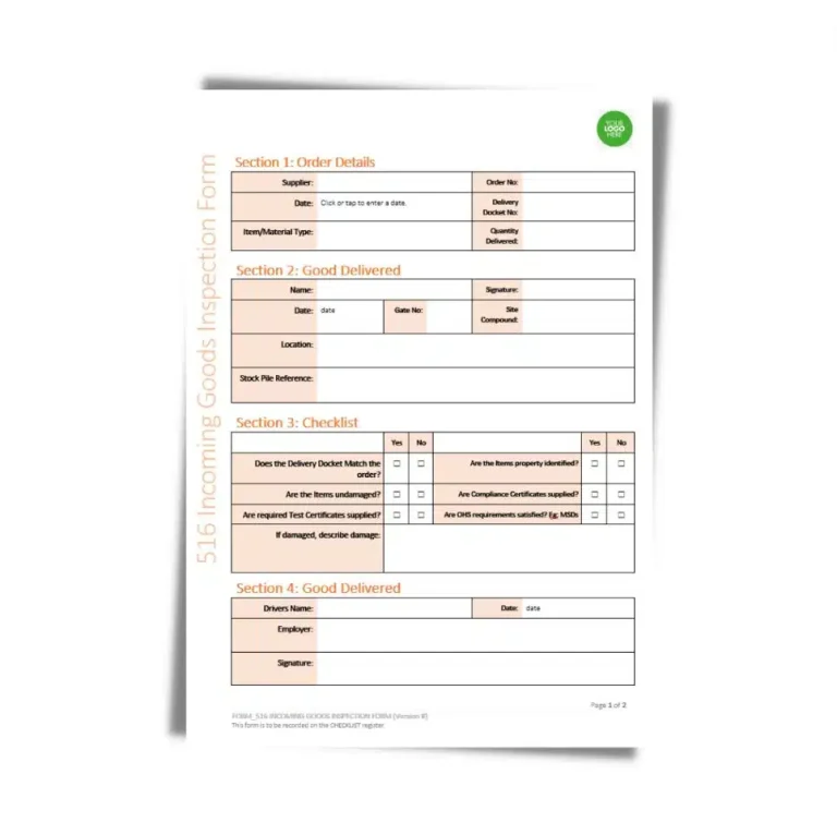 Incoming Goods Inspection Form 516 document preview