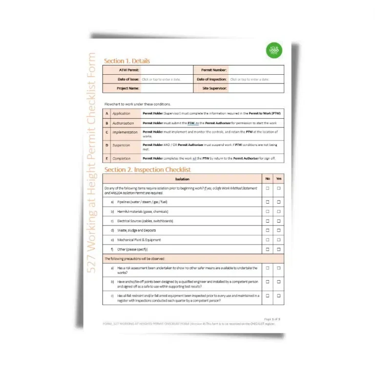 Working at Heights Permit Checklist Form 527 document preview
