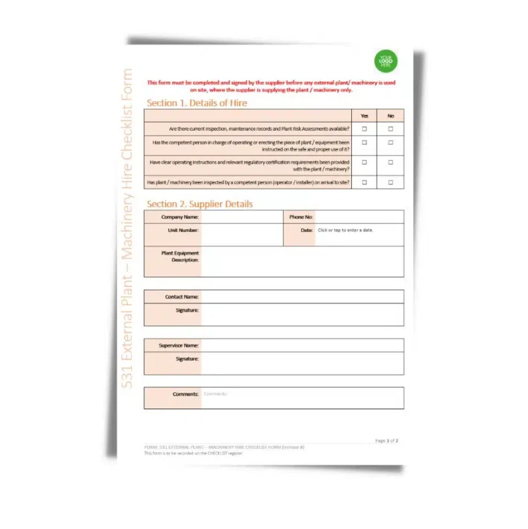 External Plant Machinery Hire Checklist Form 531 document preview