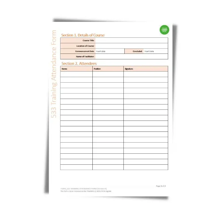 Training Attendance Form 533 document preview