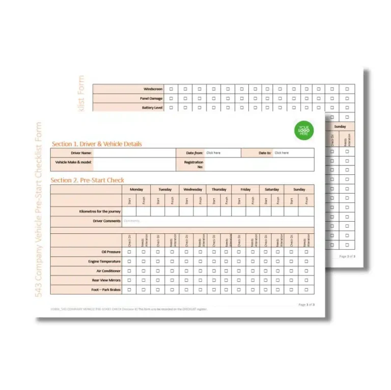 Company Vehicle Pre-start Checklist Form 543 document preview